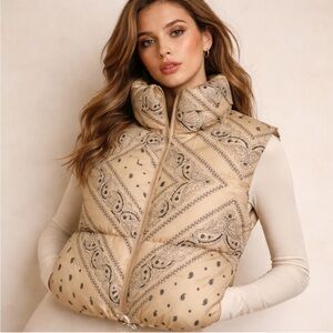 BALBOA Paisley Print Puffer Vest Size L Tan Bandana Zip Front